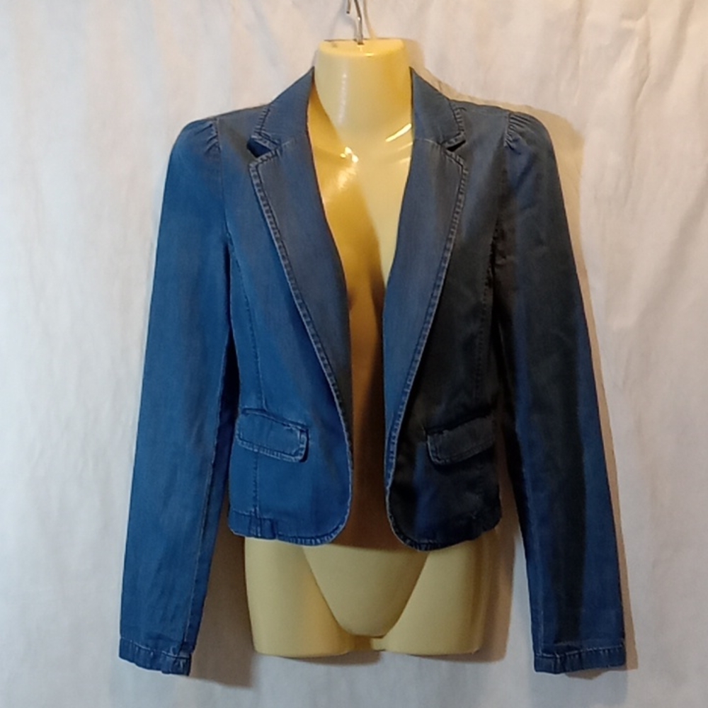 Frenchie Womens Small Open Jacket Blue Chambray Denim Blazer